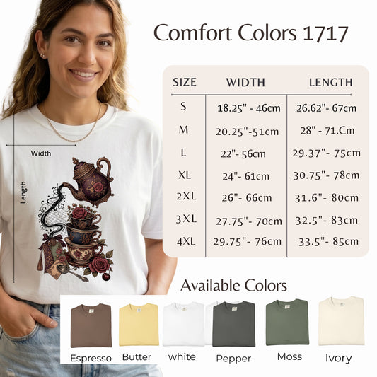 A woman models a white Comfort Colors 1717 graphic T-shirt with a floral teapot print, alongside a size measurement chart and an 'Available Colors' row showing other color options.