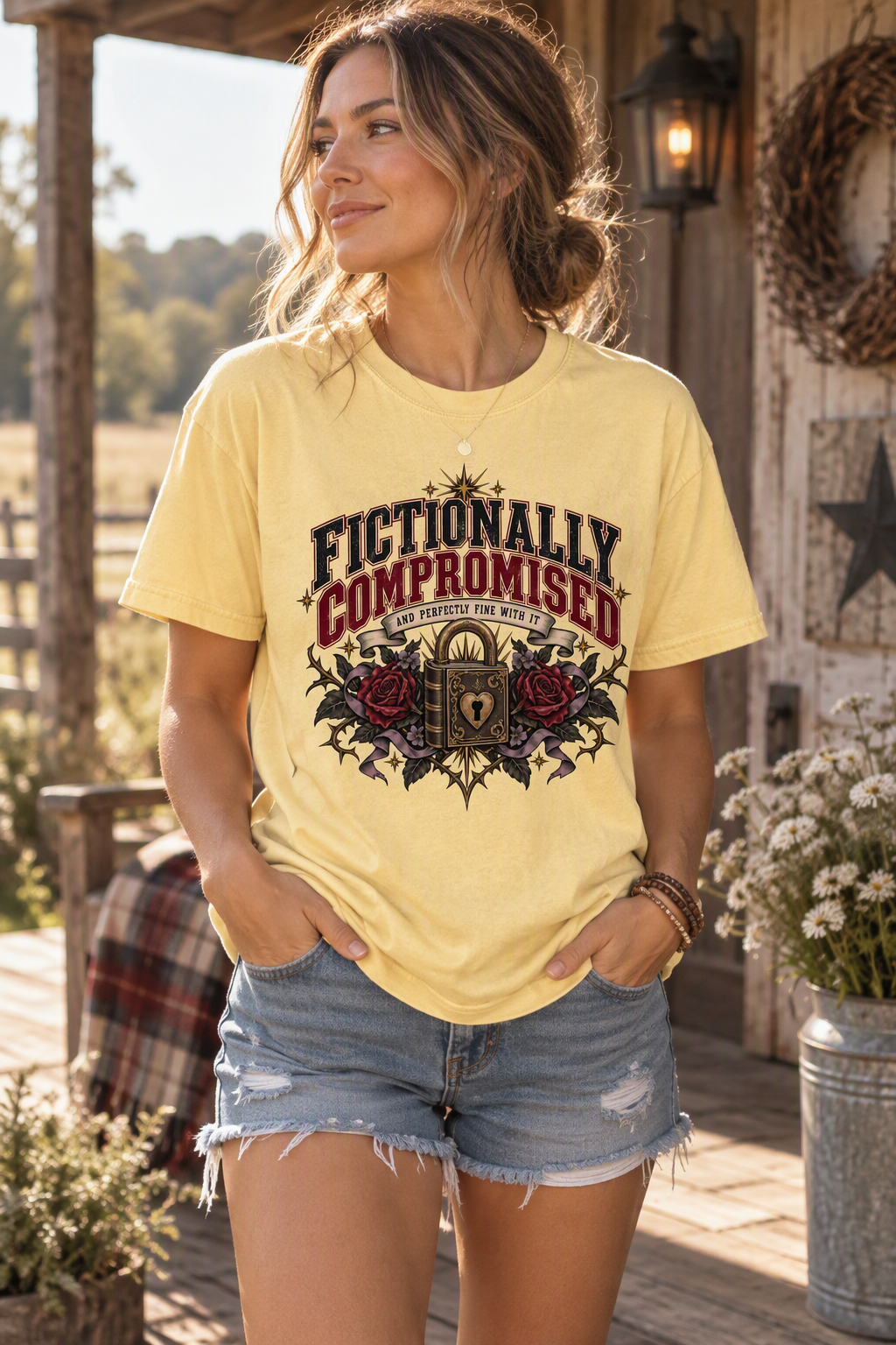 Fictionally compromised—and perfectly fine with it. This funny romance reader shirt features bold vintage lettering, an ornate locked book, burgundy roses, and gothic botanical details on a soft Ivory Comfort Colors tee. A thoughtful gift for book lovers, romantasy readers, fantasy fans, librarians, and book club friends. Perfect for bookstore visits, reading retreats, library trips, author events, and cozy bookish outfits. #BookLoverShirt #RomanceReaderGift #BookishStyle