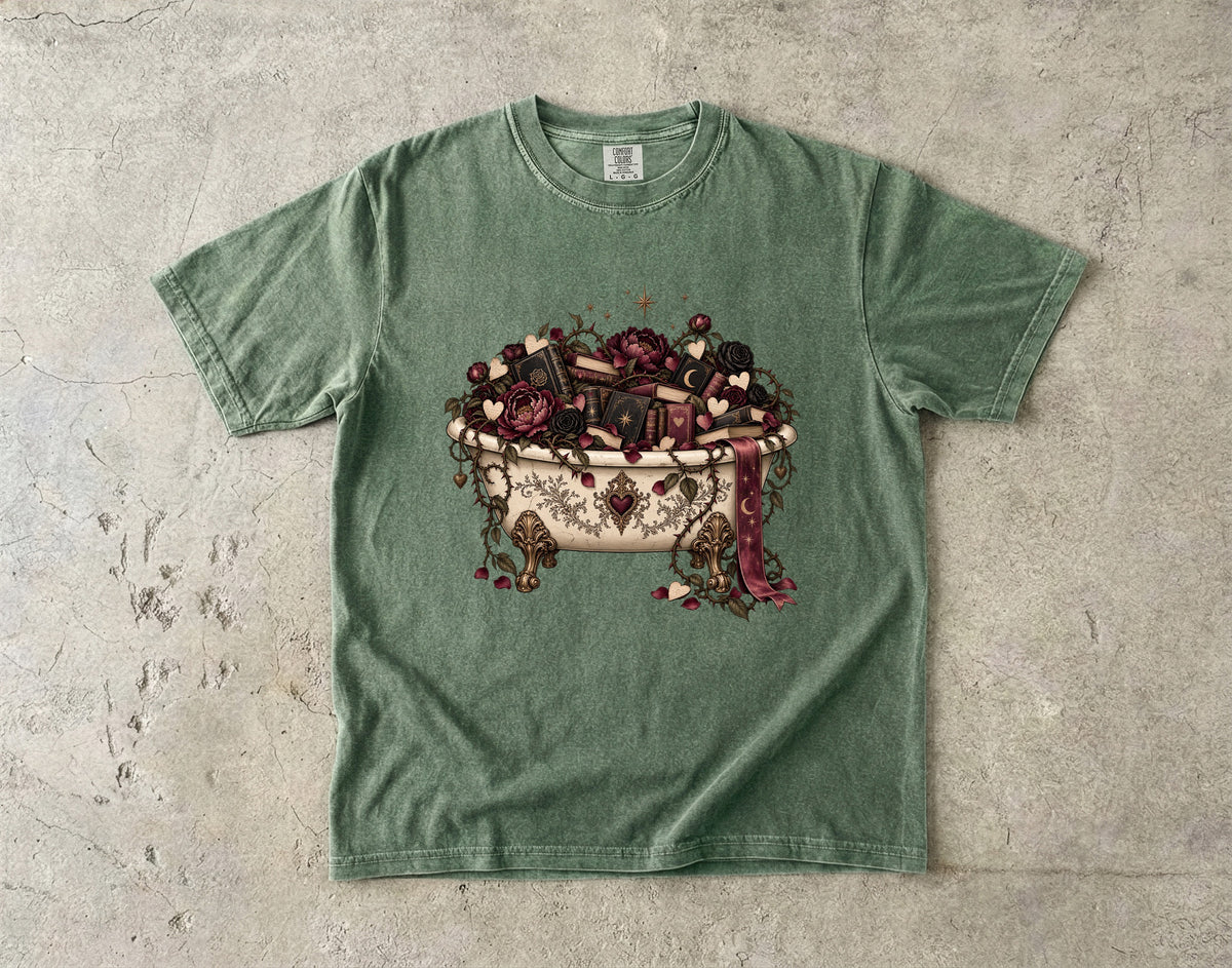 Romance Reader Shirt, Book Lover Comfort Colors Tee, Books and Roses T Shirt, Floral Bathtub Shirt, Book Club Gift