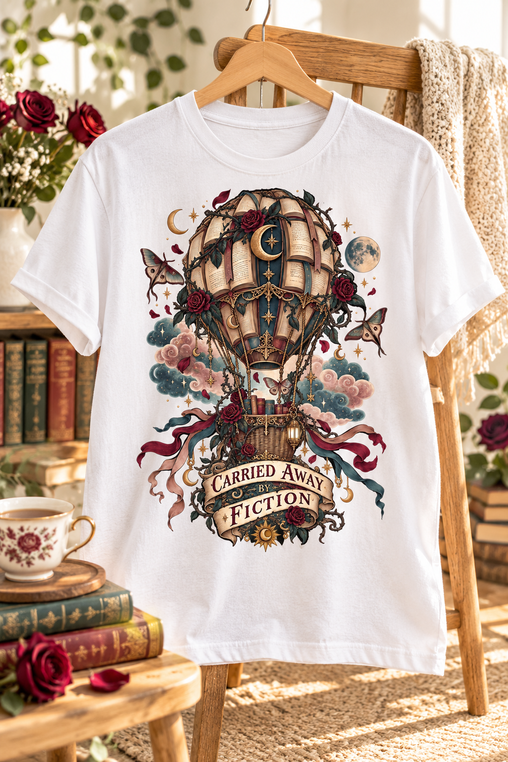Carried Away by Fiction Shirt, Book Lover T Shirt, Romantasy Reader Gift, Gothic Books and Roses Tee, Comfort Colors