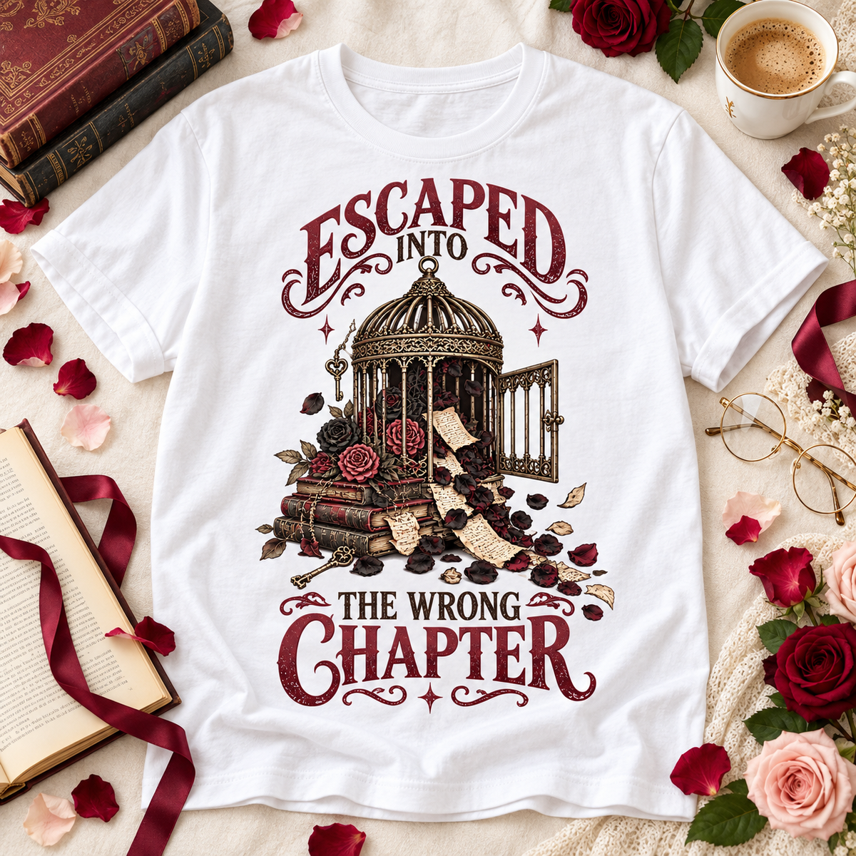 Escaped Into the Wrong Chapter Shirt, Dark Romance Reader Tee, Gothic Book Lover Gift, Romantasy Bookish T Shirt