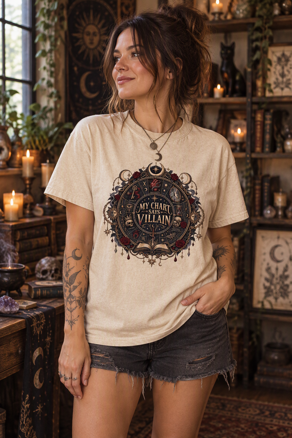 My Chart Says Villain shirt for dark romance and romantasy readers who always choose the morally gray character. This soft Comfort Colors book lover tee features a gothic celestial chart filled with roses, moons, skulls, chains, stars, and symbols of obsession, betrayal, secrecy, chaos, and forbidden attraction. A fun bookish gift for BookTok readers, book club friends, fantasy fans, and villain lovers.