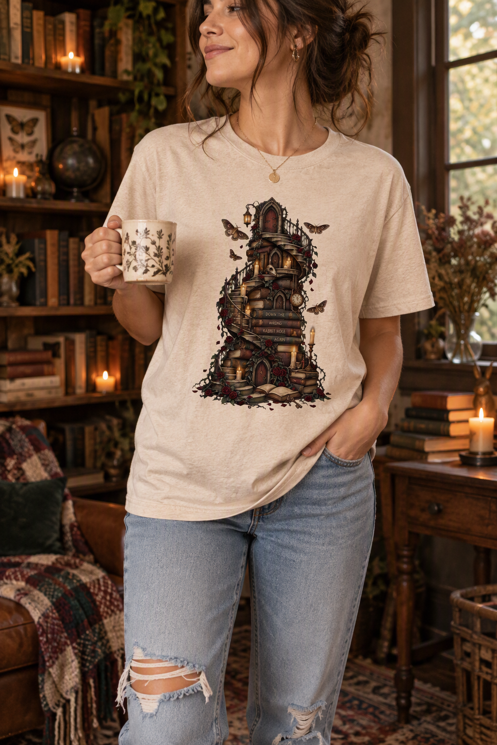 Gothic Library Shirt, Fantasy Book Lover Tee, Whimsical Book Tower Comfort Colors Shirt, Dark Academia Reader Gift