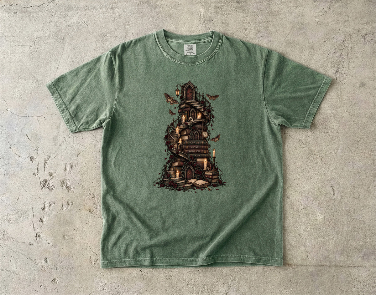 Gothic Library Shirt, Fantasy Book Lover Tee, Whimsical Book Tower Comfort Colors Shirt, Dark Academia Reader Gift
