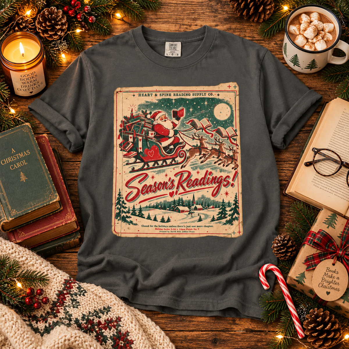 Season’s Readings Shirt, Christmas Book Lover Shirt, Vintage Santa Reading Tee, Bookish Christmas Gift, Romance Reader Holiday Shirt