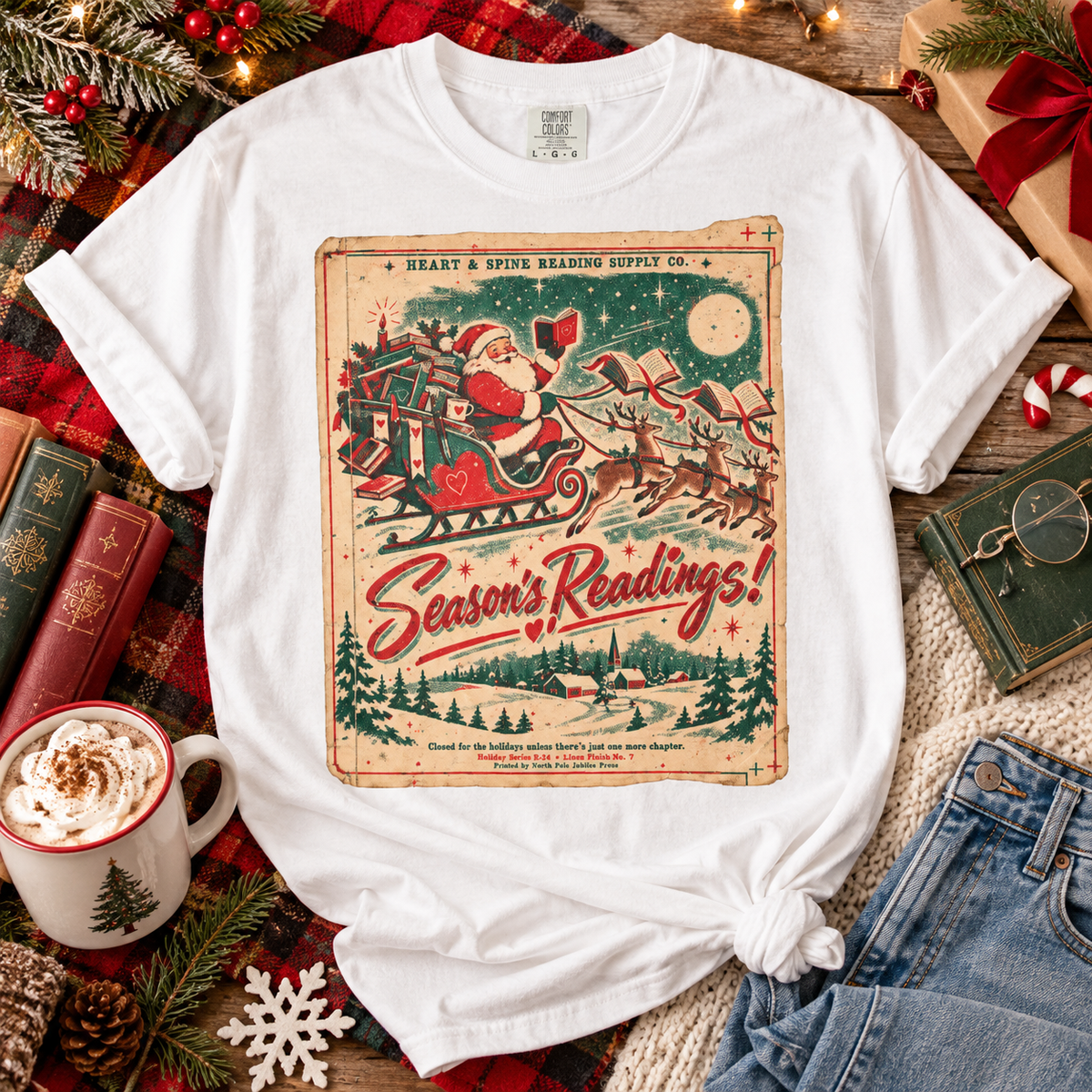 Season’s Readings Shirt, Christmas Book Lover Shirt, Vintage Santa Reading Tee, Bookish Christmas Gift, Romance Reader Holiday Shirt