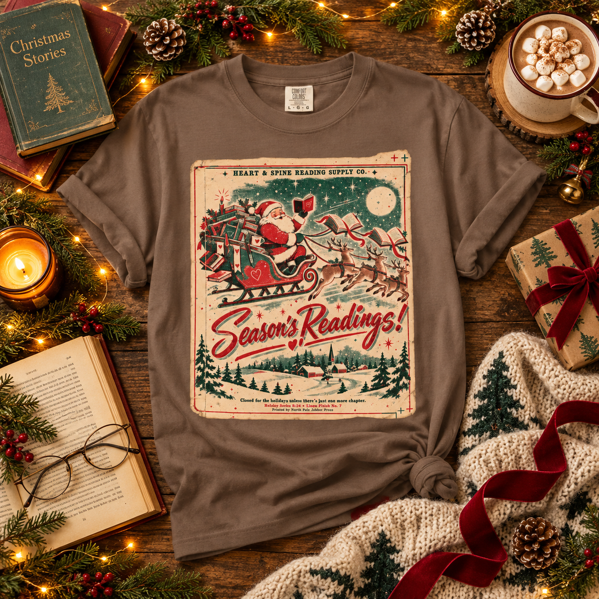 Season’s Readings Shirt, Christmas Book Lover Shirt, Vintage Santa Reading Tee, Bookish Christmas Gift, Romance Reader Holiday Shirt