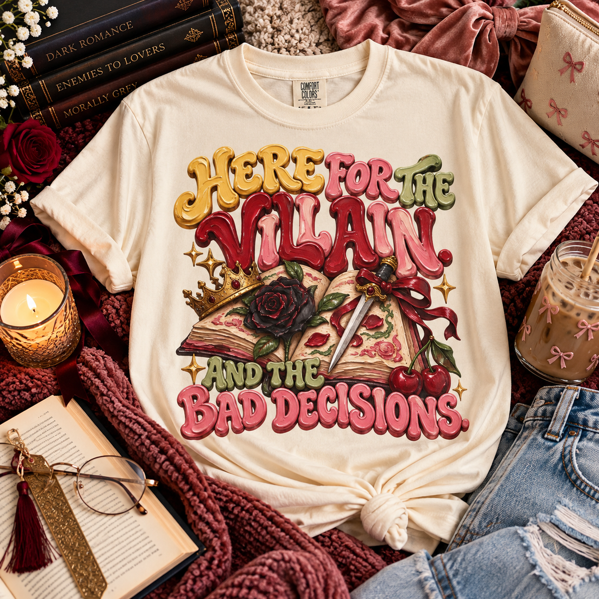 Here for the Villain Shirt, Romance Book Lover Tee, Dark Romance Reader Shirt, Morally Grey Bookish Gift, BookTok Comfort Colors Shirt