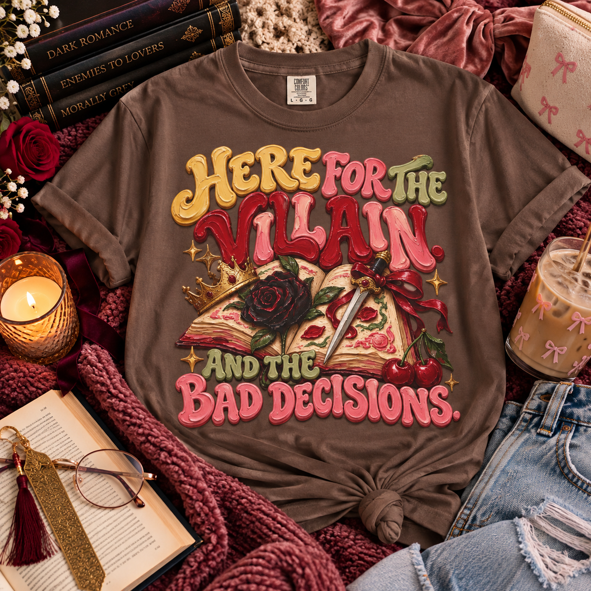 Here for the Villain Shirt, Romance Book Lover Tee, Dark Romance Reader Shirt, Morally Grey Bookish Gift, BookTok Comfort Colors Shirt