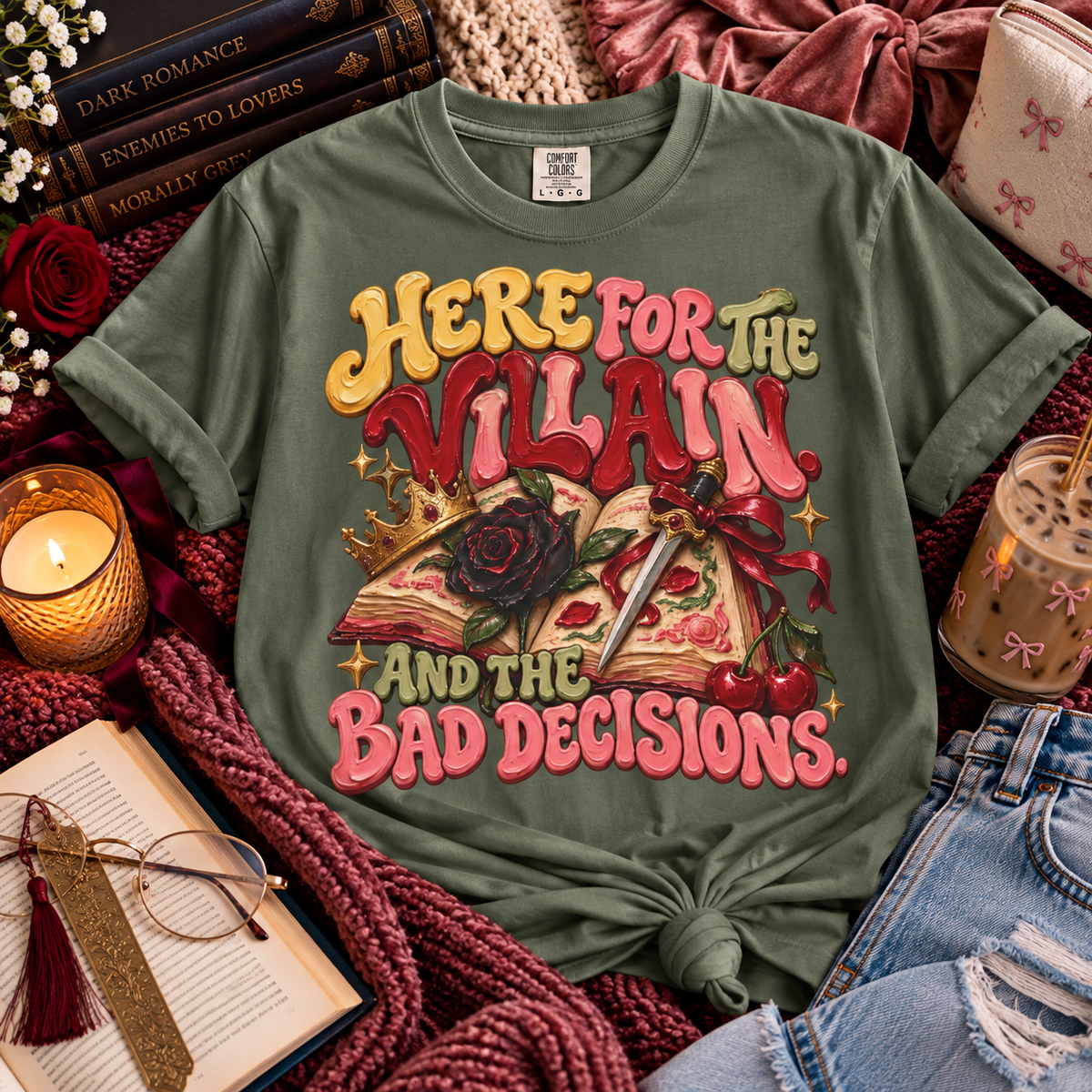Here for the Villain Shirt, Romance Book Lover Tee, Dark Romance Reader Shirt, Morally Grey Bookish Gift, BookTok Comfort Colors Shirt