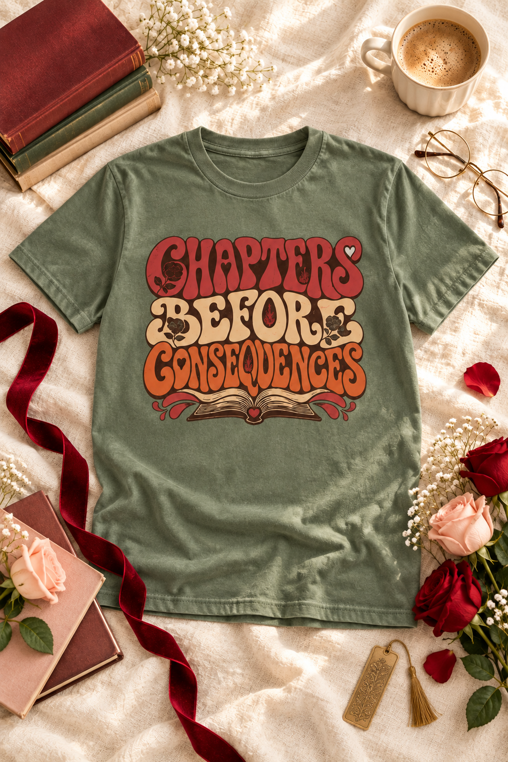 The “Chapters Before Consequences” shirt is made for readers who always choose one more chapter. Featuring retro typography, romantic floral accents, and an open-book illustration on a soft garment-dyed Comfort Colors tee, it makes a fun gift for romance readers, fantasy fans, book-club members, librarians, and BookTok book lovers. Perfect for bookstore trips, library visits, author events, and cozy reading days.