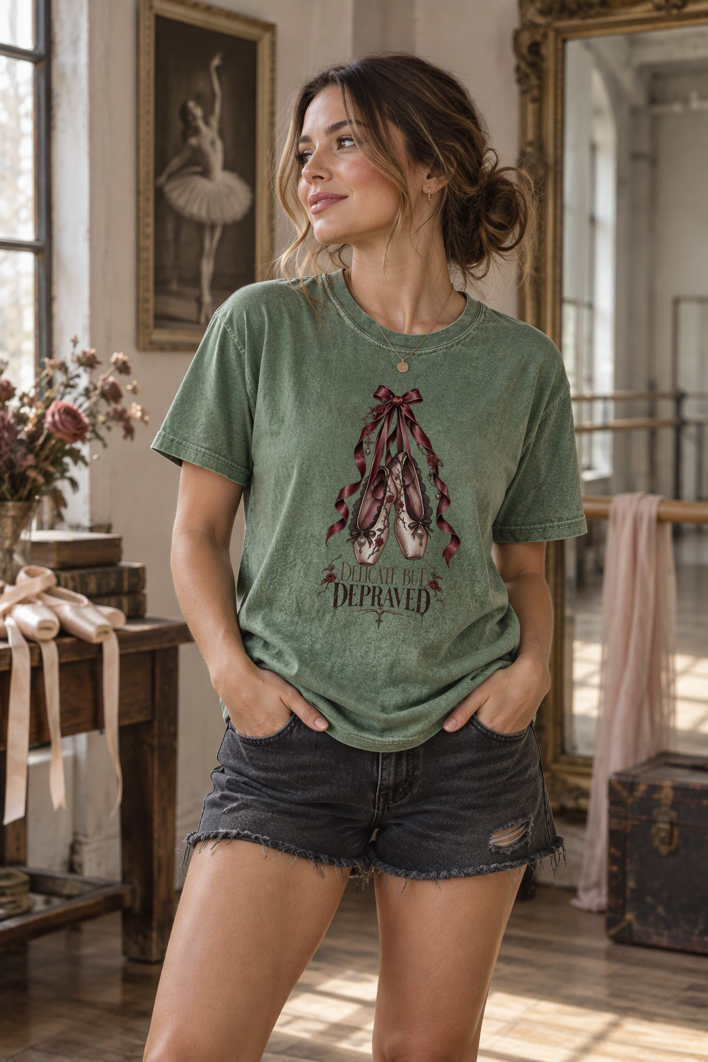 Delicate but Depraved dark romance shirt featuring vintage pointe shoes, burgundy satin ribbons, thorny florals, and elegant gothic lettering. This soft Comfort Colors book-lover tee makes a unique gift for dark romance readers, BookTok fans, ballerinas, gothic literature lovers, and anyone obsessed with morally gray fictional characters. Perfect for book club, bookstore trips, author events, romance conventions, and cozy reading days.
