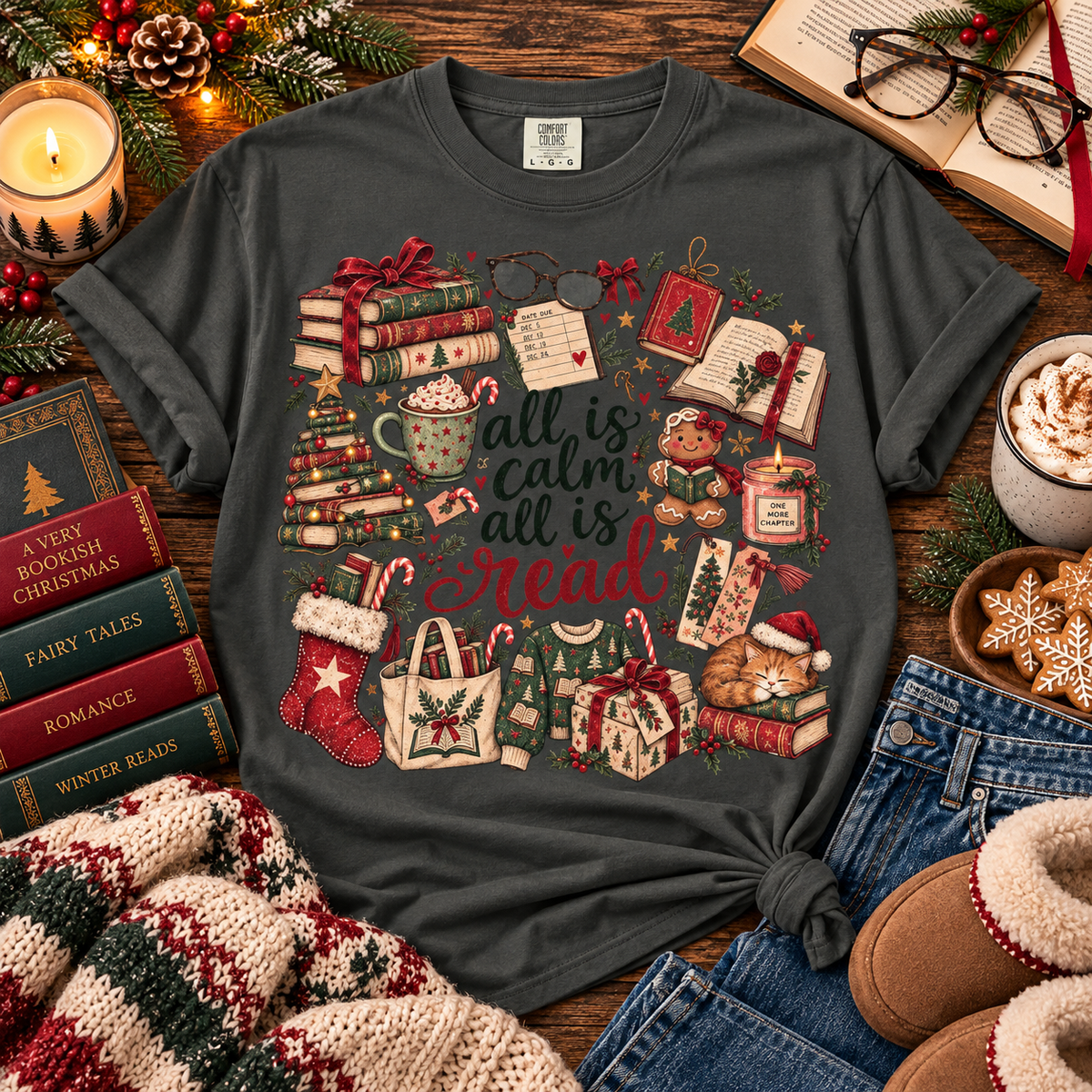 All Is Calm All Is Read Shirt, Christmas Book Lover Tee, Vintage Bookish Christmas T-Shirt, Cozy Reader Gift, Retro Holiday Reading Shirt
