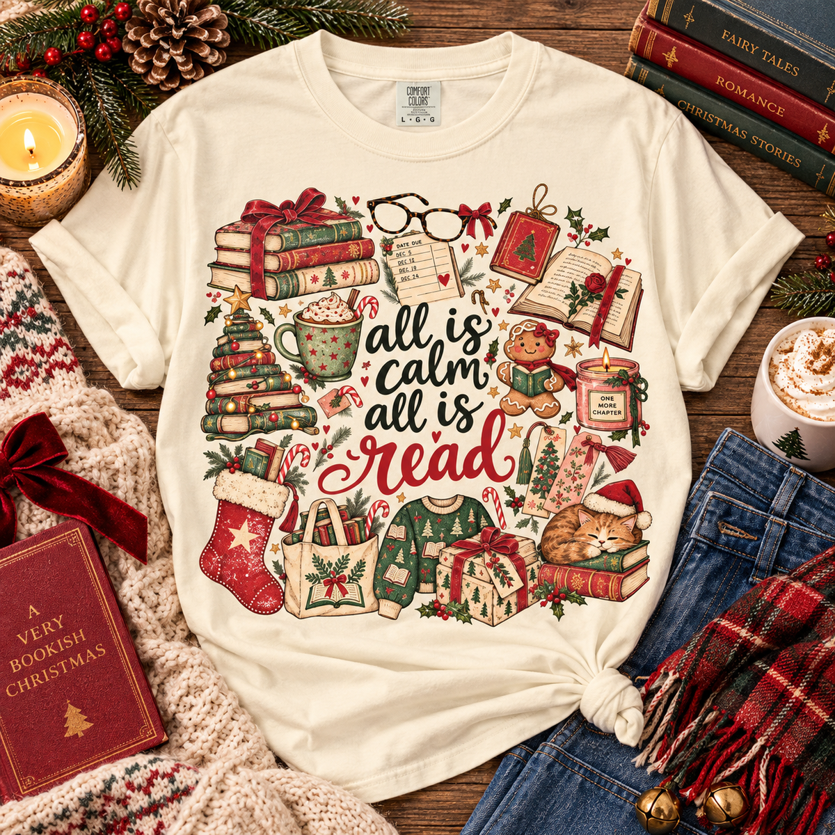 All Is Calm All Is Read Shirt, Christmas Book Lover Tee, Vintage Bookish Christmas T-Shirt, Cozy Reader Gift, Retro Holiday Reading Shirt