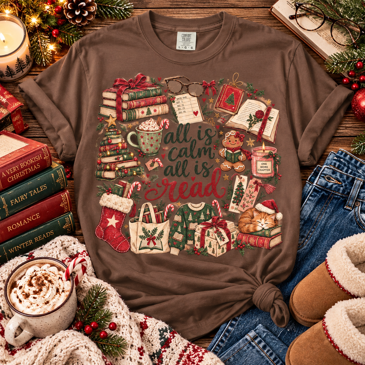 All Is Calm All Is Read Shirt, Christmas Book Lover Tee, Vintage Bookish Christmas T-Shirt, Cozy Reader Gift, Retro Holiday Reading Shirt