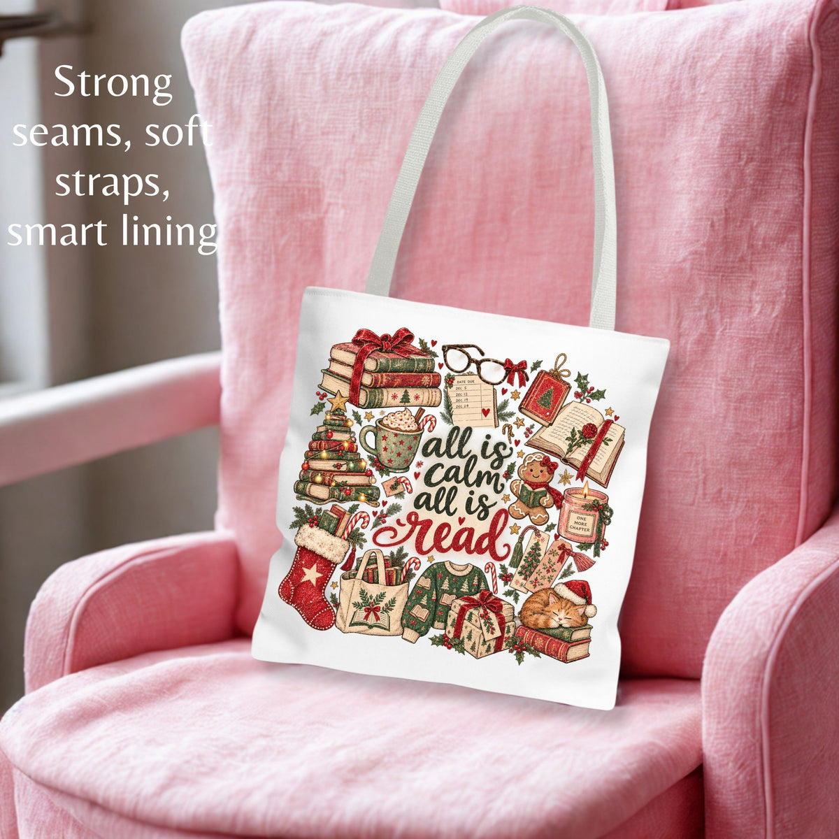Christmas Book Lover Tote Bag, All Is Calm All Is Read, Vintage Bookish Canvas Bag, Reader Gift, Book Club Bag, Librarian Christmas Gift