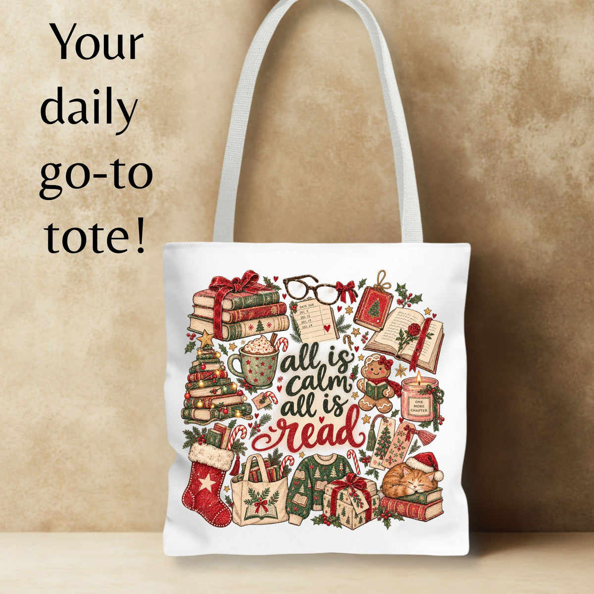 Christmas Book Lover Tote Bag, All Is Calm All Is Read, Vintage Bookish Canvas Bag, Reader Gift, Book Club Bag, Librarian Christmas Gift