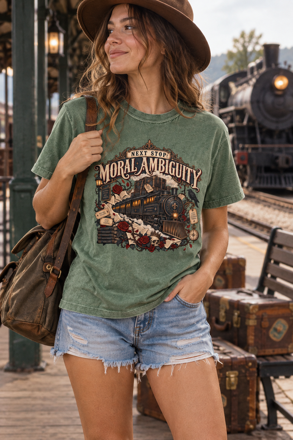 All aboard the Problematic Express. This “Next Stop: Moral Ambiguity” Comfort Colors shirt features a gothic steam train surrounded by books, burgundy roses, vintage tickets, a raven, pocket watch, and crowned skull. A unique gift for dark romance readers, romantasy fans, BookTok friends, and anyone who always chooses the morally gray character.
#DarkRomance #BookLoverGift #BookTokStyle