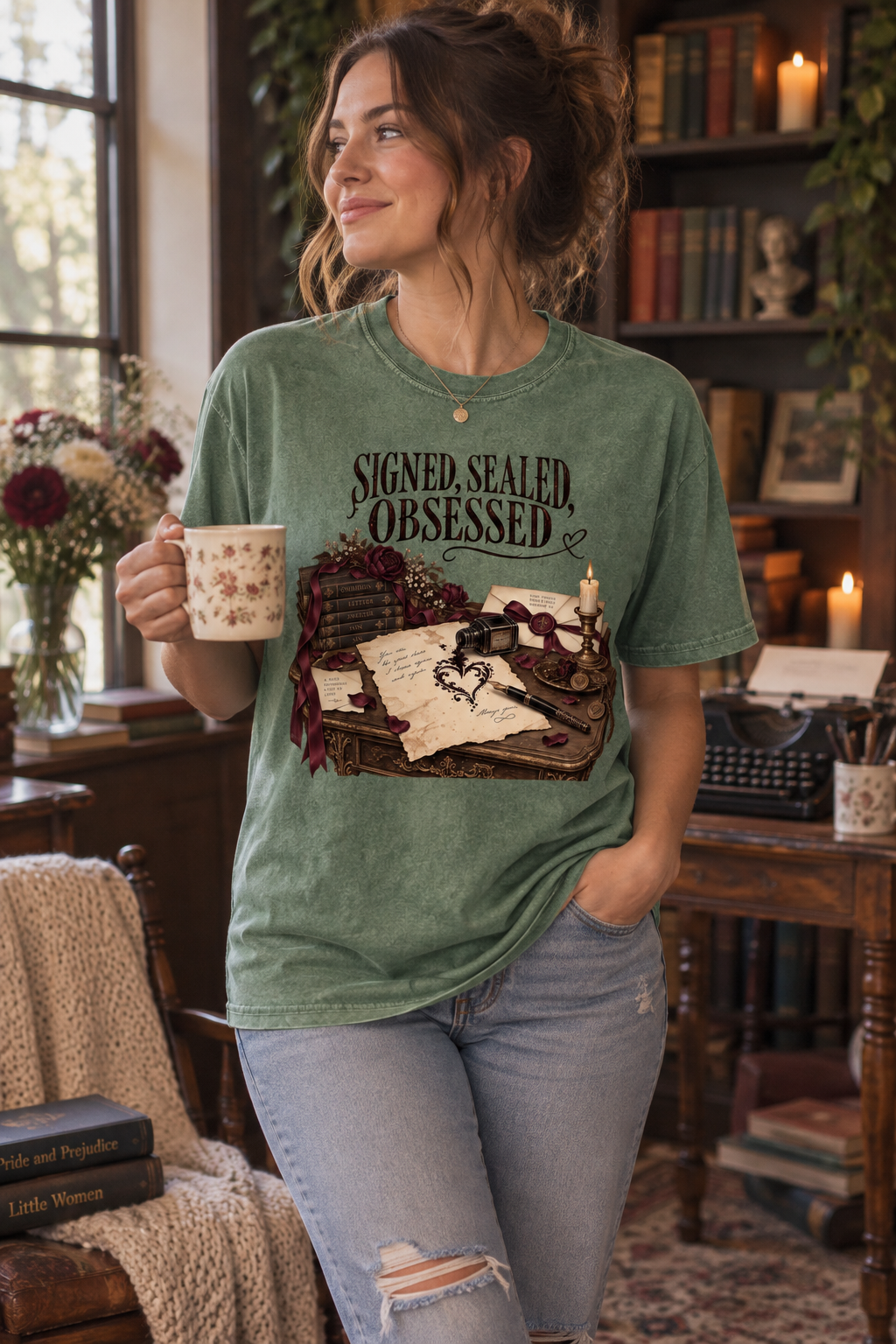 For readers who consider fictional obsession a love language. This “Signed, Sealed, Obsessed” Comfort Colors shirt features forbidden books, secret letters, burgundy flowers, wax seals, an overflowing ink bottle, a vintage pen, and candlelight. Perfect for dark romance, forbidden-love, gothic-fiction, and obsessive-hero readers—or as a memorable gift for your favorite book lover. #DarkRomance #BookishShirt #ReaderGift