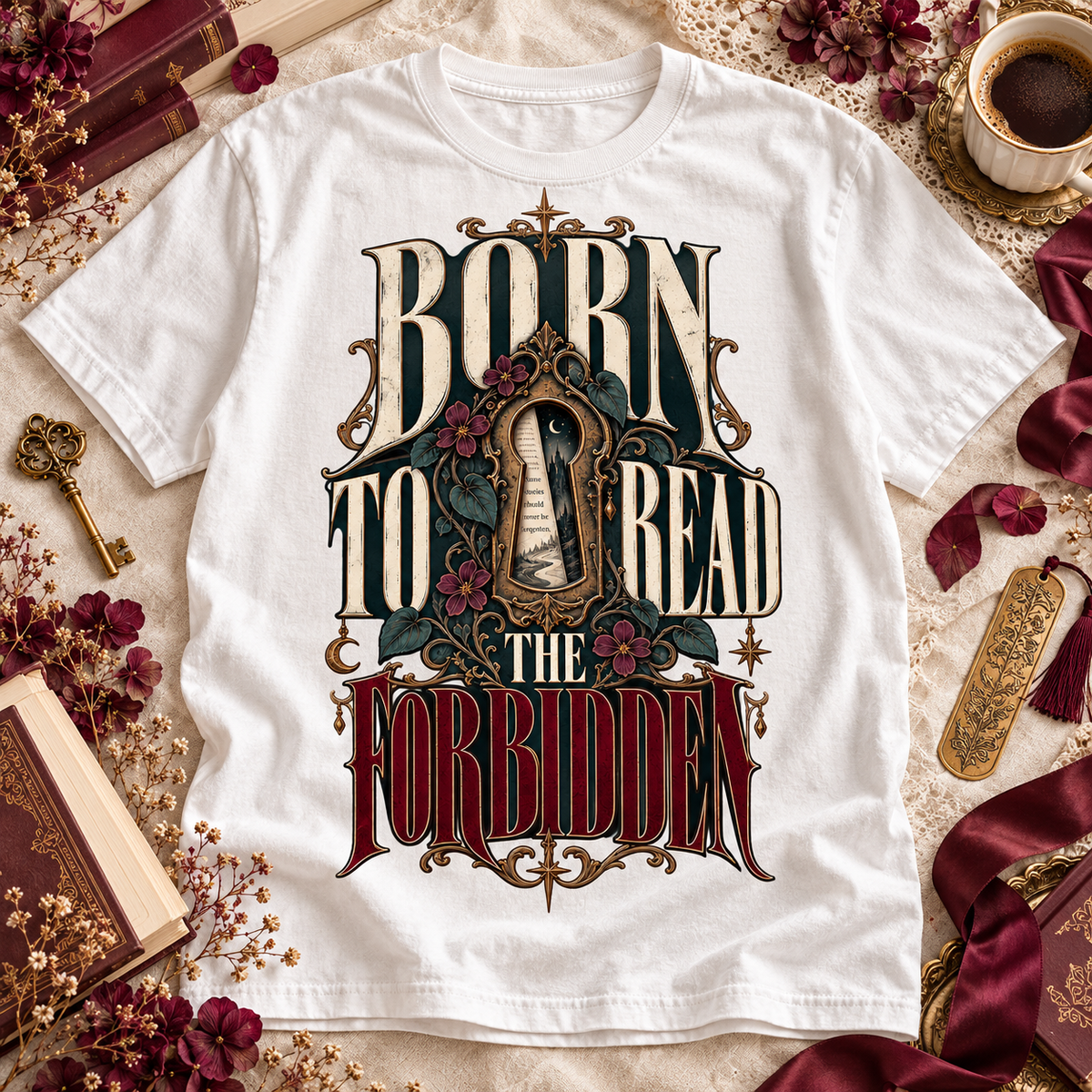A white short-sleeve graphic T-shirt laid flat on a beige fabric surface with decorative props including books, a key, dried flowers, a coffee cup, and a bookmark. The shirt features a large gothic-style front print reading “BORN TO READ THE FORBIDDEN” with an ornate keyhole and floral details.
