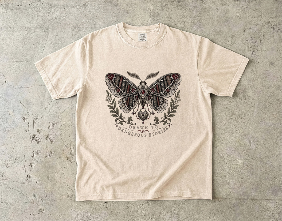 Drawn to Dangerous Stories Shirt, Dark Romance Reader Tee, Gothic Moth Comfort Colors Shirt, Book Lover Gift