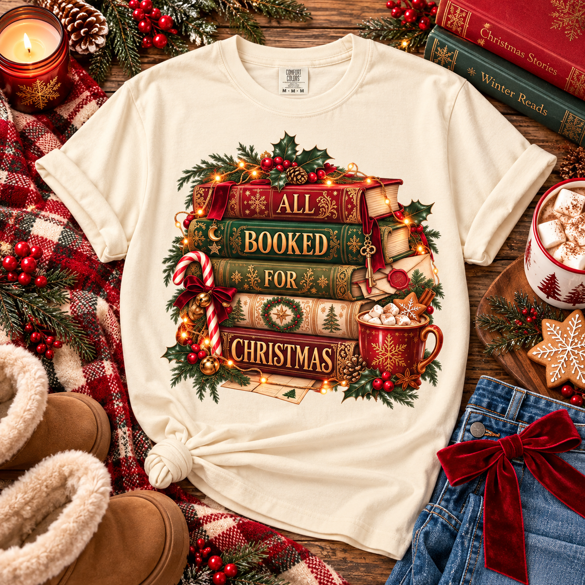 Christmas Book Lover Shirt, All Booked for Christmas Tee, Cozy Reading T-Shirt, Bookish Christmas Gift, Librarian Gift, BookTok Shirt