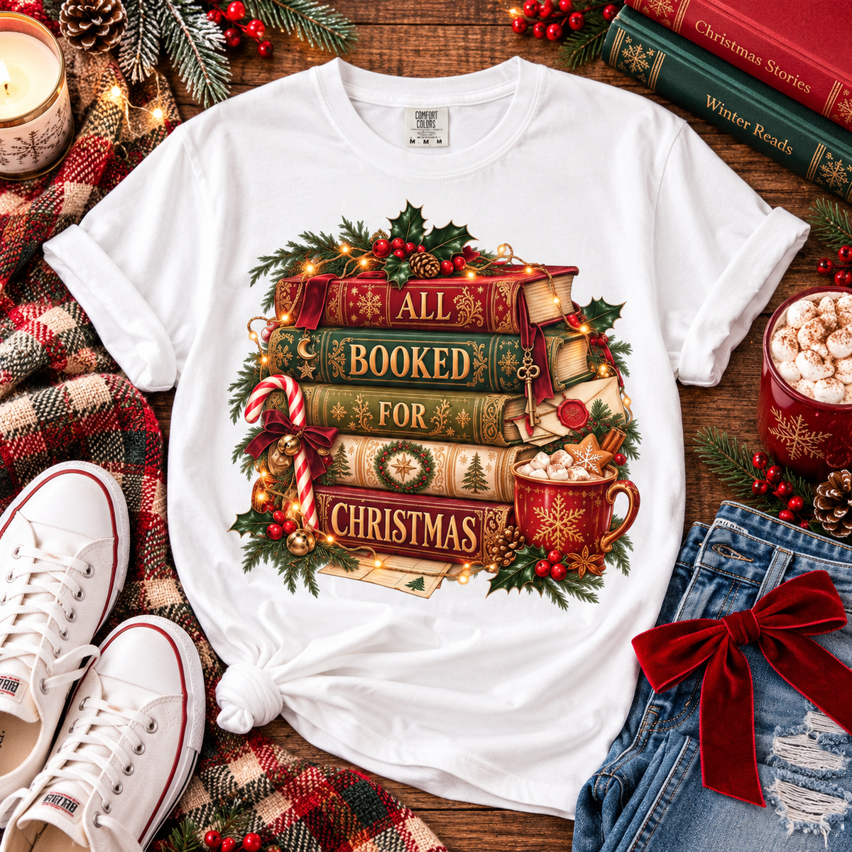 Christmas Book Lover Shirt, All Booked for Christmas Tee, Cozy Reading T-Shirt, Bookish Christmas Gift, Librarian Gift, BookTok Shirt