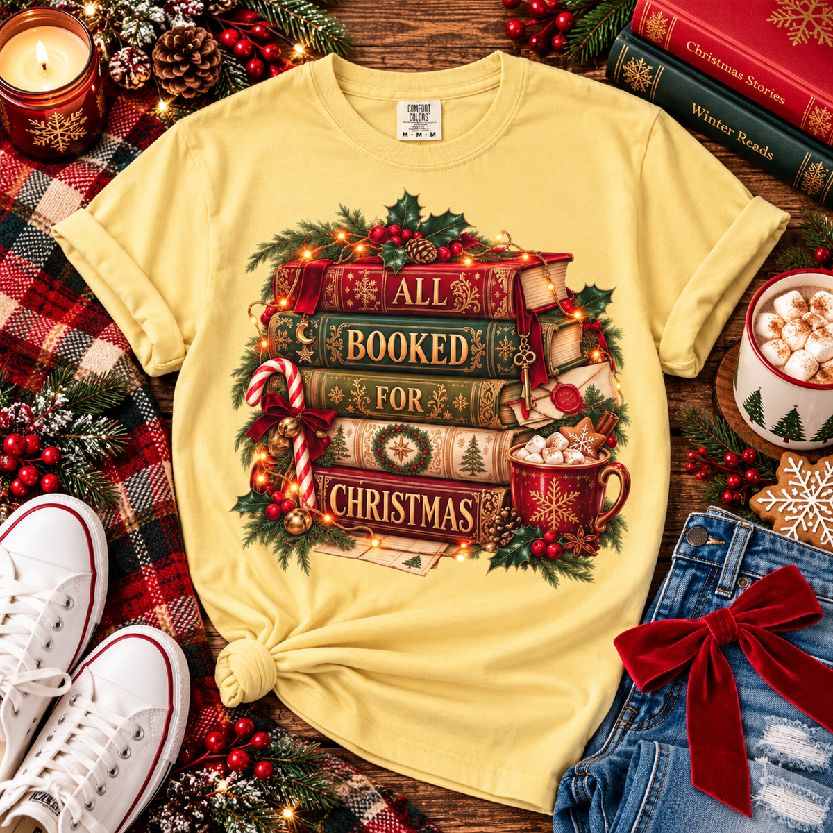 Christmas Book Lover Shirt, All Booked for Christmas Tee, Cozy Reading T-Shirt, Bookish Christmas Gift, Librarian Gift, BookTok Shirt