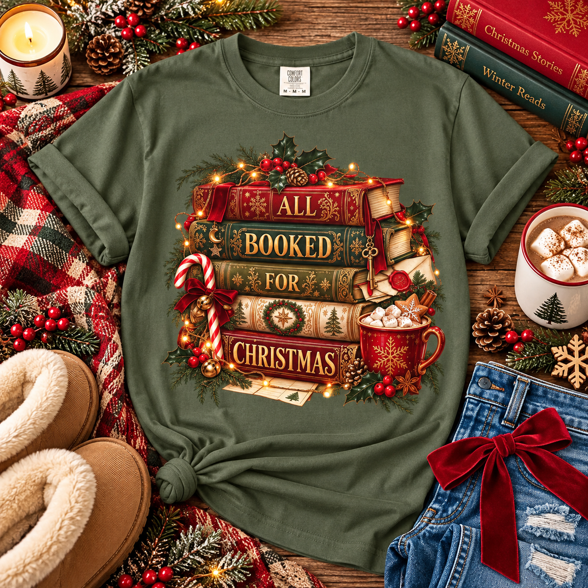 Christmas Book Lover Shirt, All Booked for Christmas Tee, Cozy Reading T-Shirt, Bookish Christmas Gift, Librarian Gift, BookTok Shirt