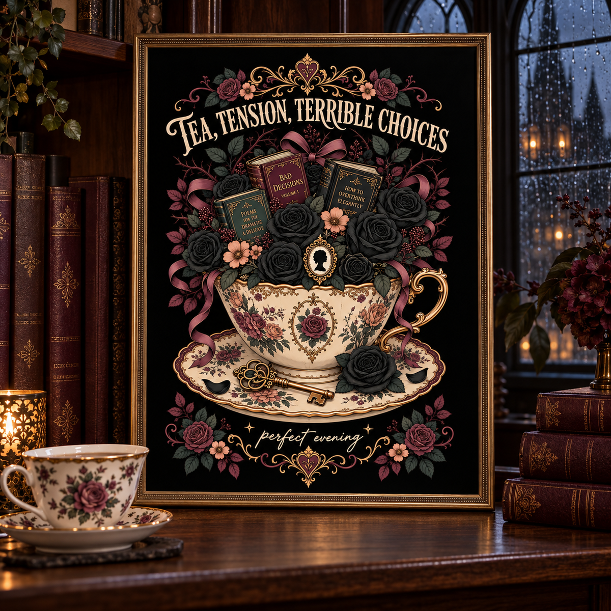 A framed gothic-themed art print titled 'Tea, Tension, Terrible Choices' displayed on a wooden shelf in a cozy, vintage-filled room. The print features an illustration of a floral teacup and saucer with roses, books, and a key on a black background.