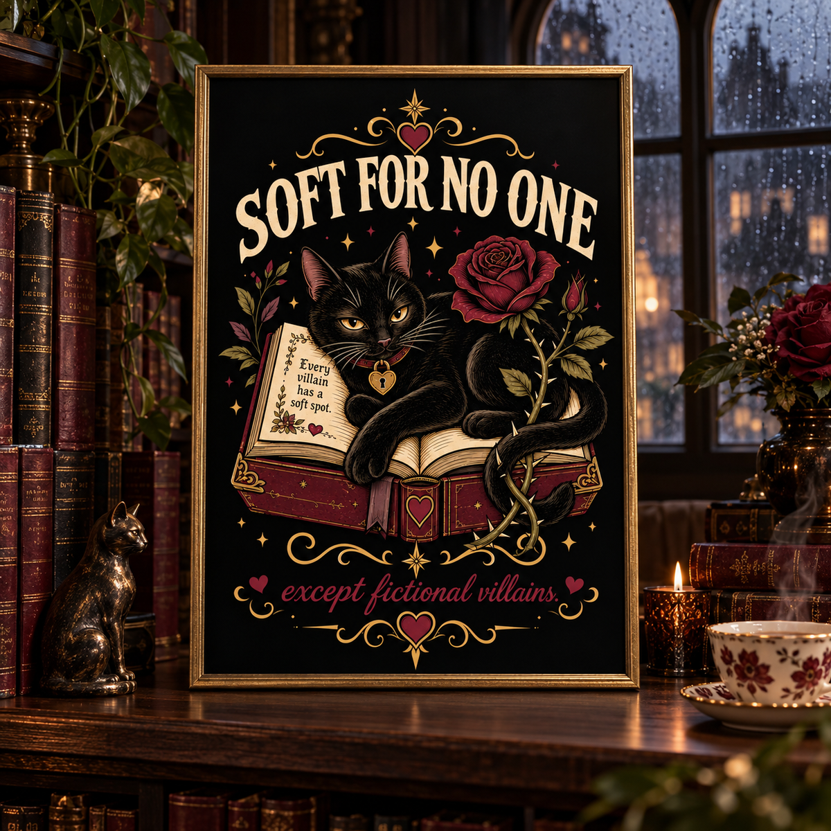 A framed decorative print leaning on a wooden shelf in a cozy library-like setting. The artwork shows a black cat perched on an open book with roses and ornate gold lettering that reads “SOFT FOR NO ONE” and “ecept fictional villains.