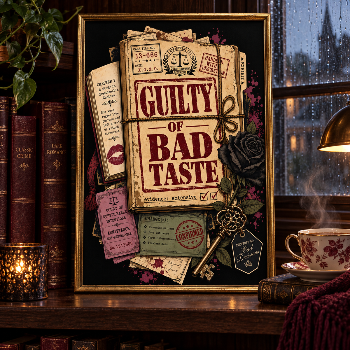 A framed decorative print or poster on a wooden shelf, featuring vintage-style evidence sheets, a rose, a key, and the text 'Guilty of Bad Taste.' The scene includes a lit candle, books, a cup of tea, and a rainy window in the background, making this a styled interior product shot rather than a plain studio image.