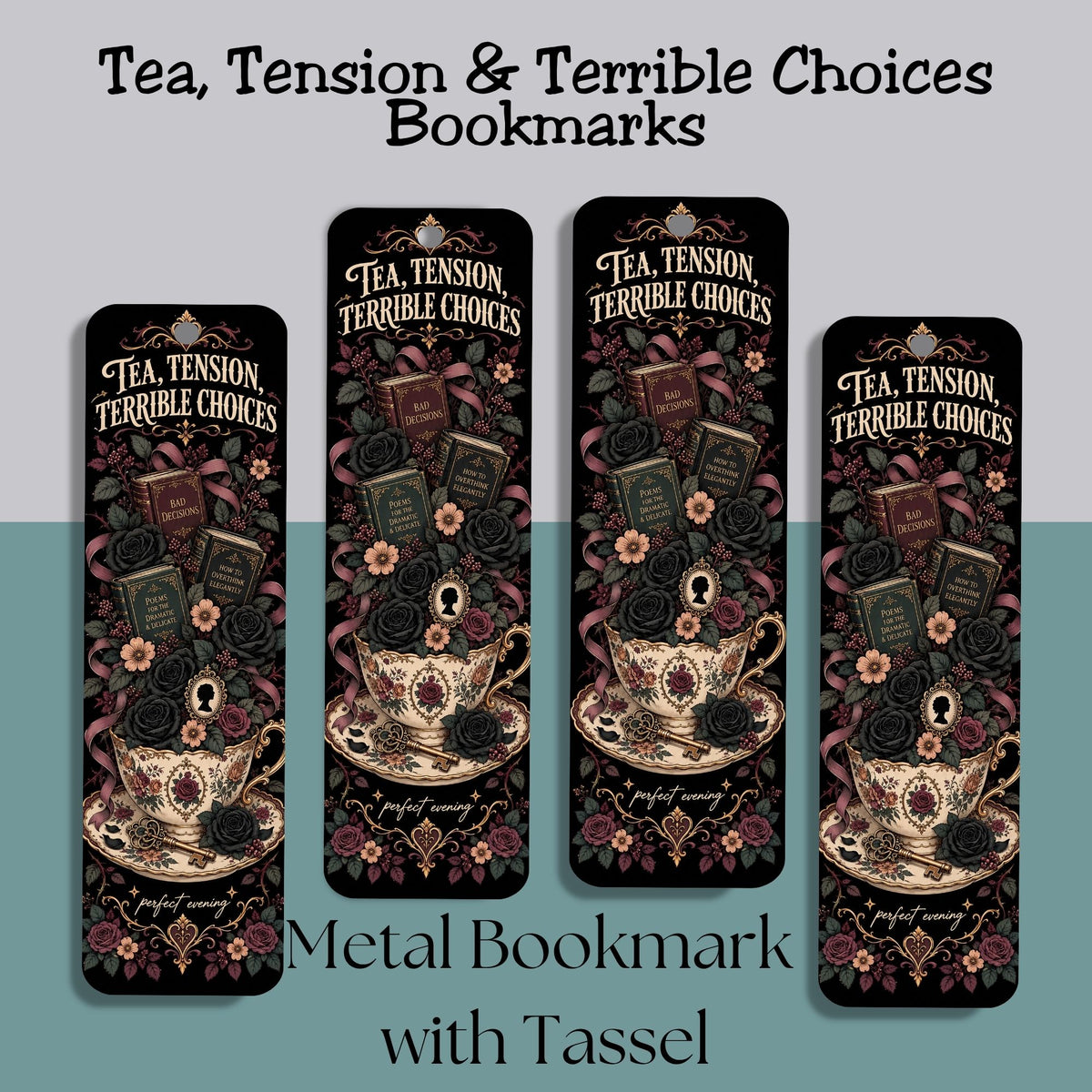 Tea Tension Terrible Choices Bookmark, Metal Bookmark With Tassel, Dark Romance Reader Gift, Gothic Book Lover Gift