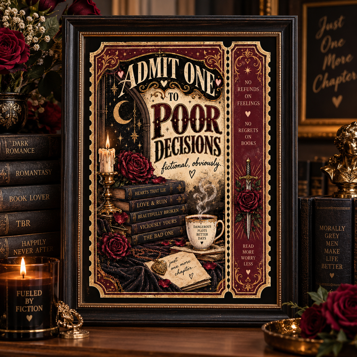 A framed gothic-style poster with the text 'Admit One to Poor Decisions Fictional Obvious' is displayed on a shelf among books, candles, roses, and decorative objects. The poster features a dark illustration with a moon, stars, books, a teacup, and roses.