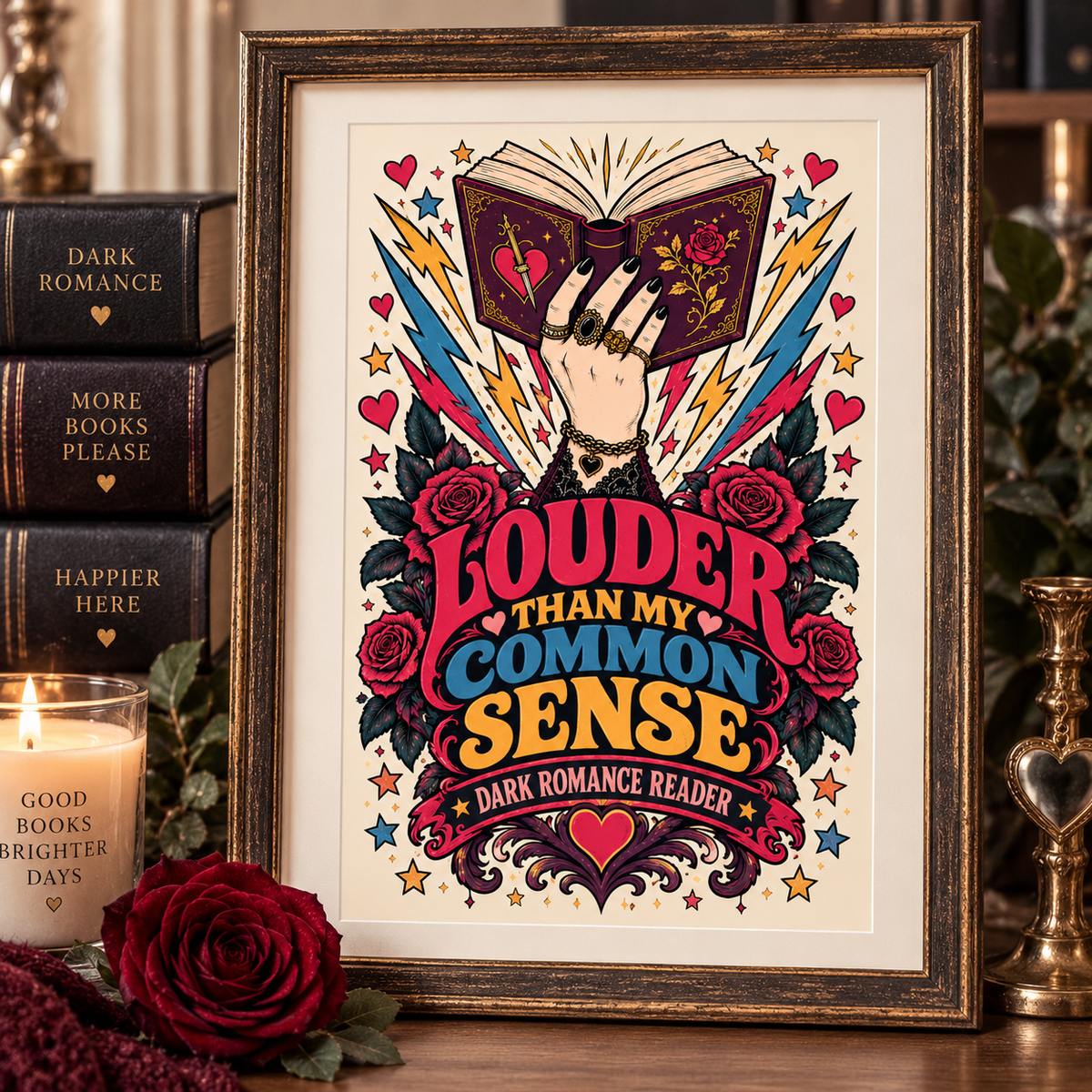 A framed art print featuring a hand holding an open book surrounded by roses, stars, and lightning, with the text 'LOUDER THAN MY COMMON SENSE' and 'DARK ROMANCE Reader'. The frame is styled on a wooden surface next to a candle, a red rose, and stacked books.