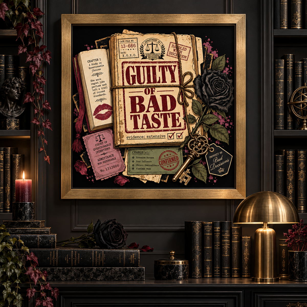 A framed art print featuring a gothic-themed collage with the text 'Guilty of Bad Taste,' vintage books, roses, a key, and legal-style stamps, displayed on a dark shelf beside candles and books.