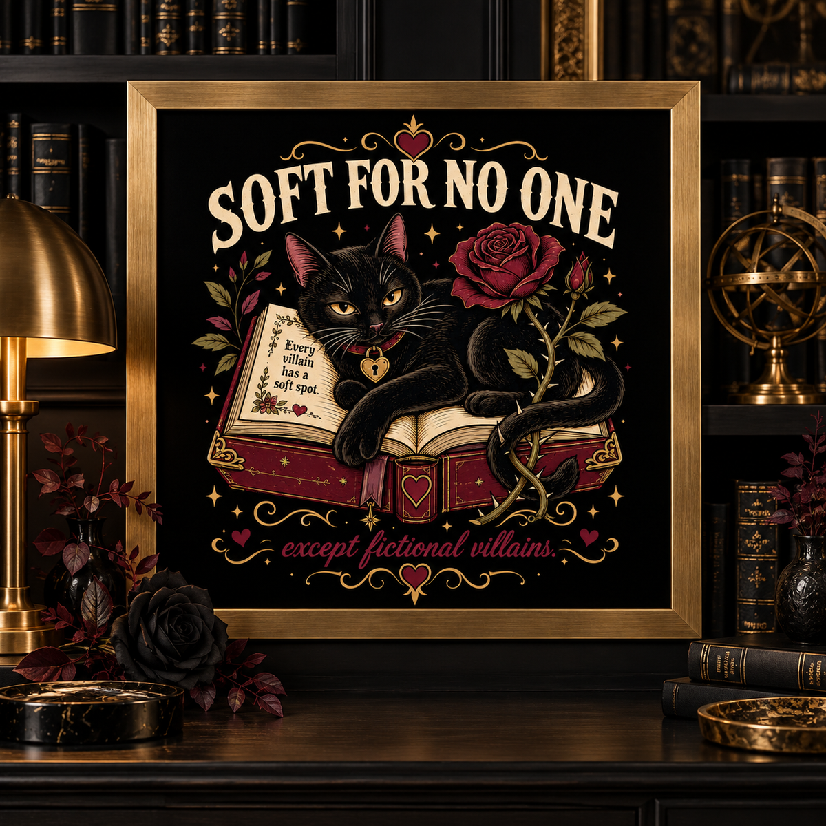 A framed decorative art print displayed on a dark wooden shelf. The print features a black cat lying on an open book with a red rose, surrounded by the text 'SOFT FOR NO ONE except fictional villains.