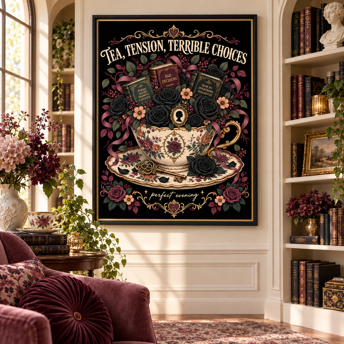 A large framed gothic-style wall art print hangs on a white wall in a decorated room. The artwork features a black background with a teacup, roses, books, and the text 'TEA, TENSION, TERRIBLE CHOICES' and 'a perfect evening.