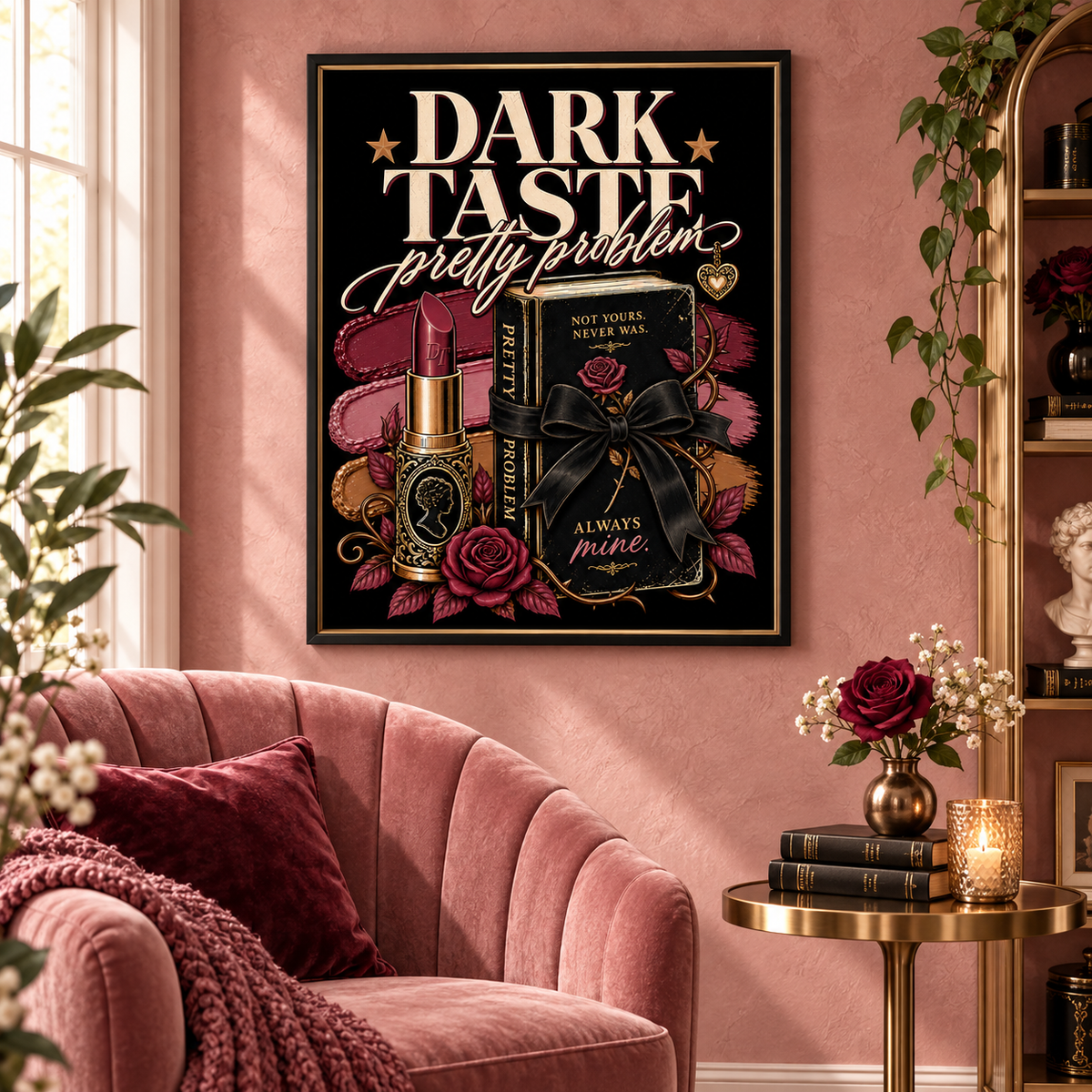 A framed gothic-style wall art print hangs on a dusty pink wall above a matching pink velvet armchair. The artwork features the text 'DARK TASTE pretty problem' in cream and gold lettering over a black background, with illustrated elements including a pink lipstick tube, a black book with a large black bow, and pink roses.