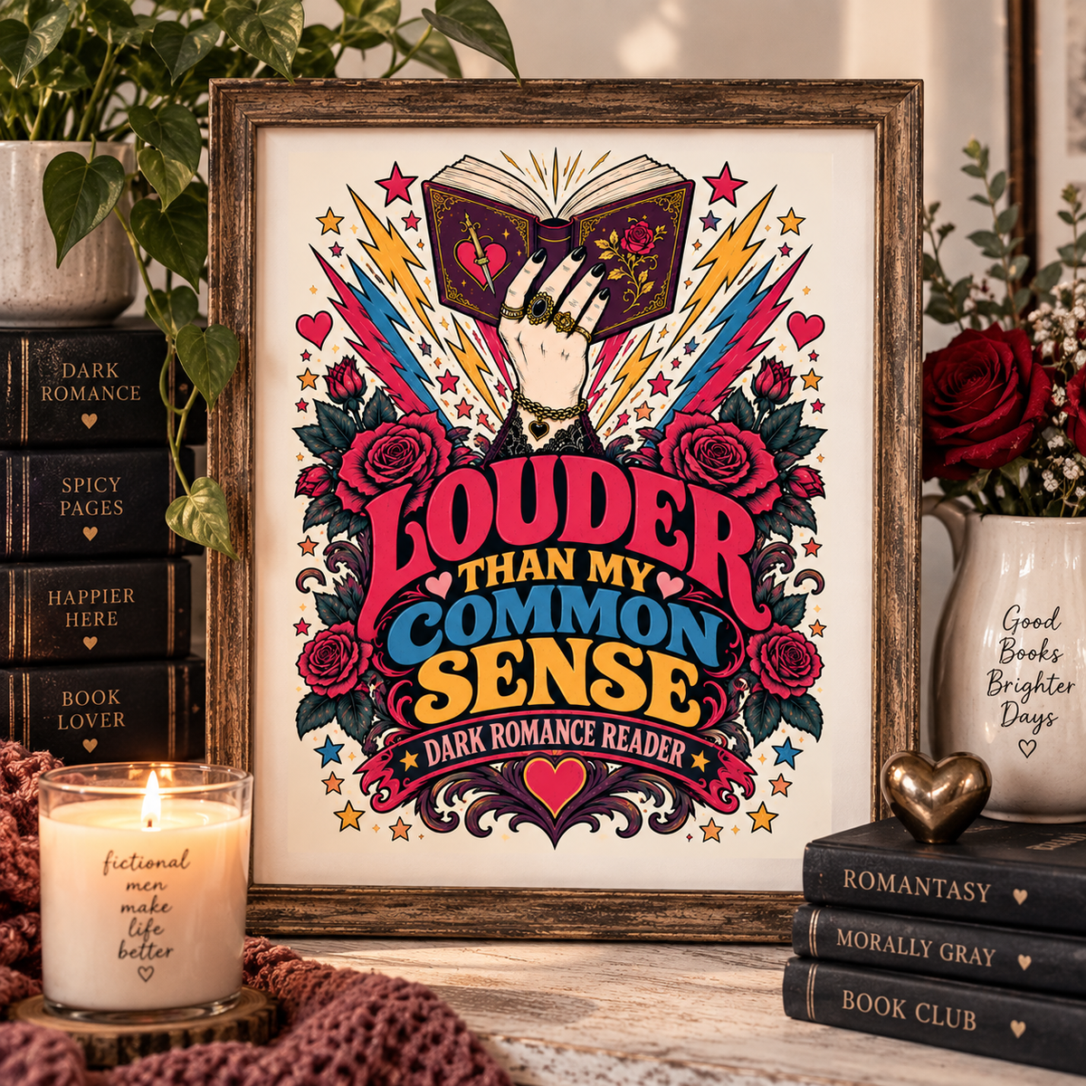 A framed art print featuring a colorful tattoo-style illustration of a hand holding an open book, surrounded by roses, stars, and the text 'LOUDER THAN MY COMMON SENSE DARK ROMANCE READER.' The frame is styled on a tabletop with books, a candle, flowers, and a mug in a cozy room setting.