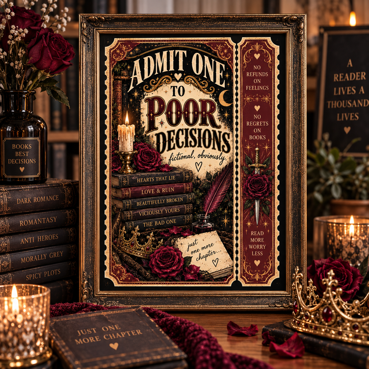 A framed gothic-style book cover or poster reading 'Admit One to Poor Decisions' is displayed on a wooden surface with candles, books, roses, and a crown in a moody, styled setting.