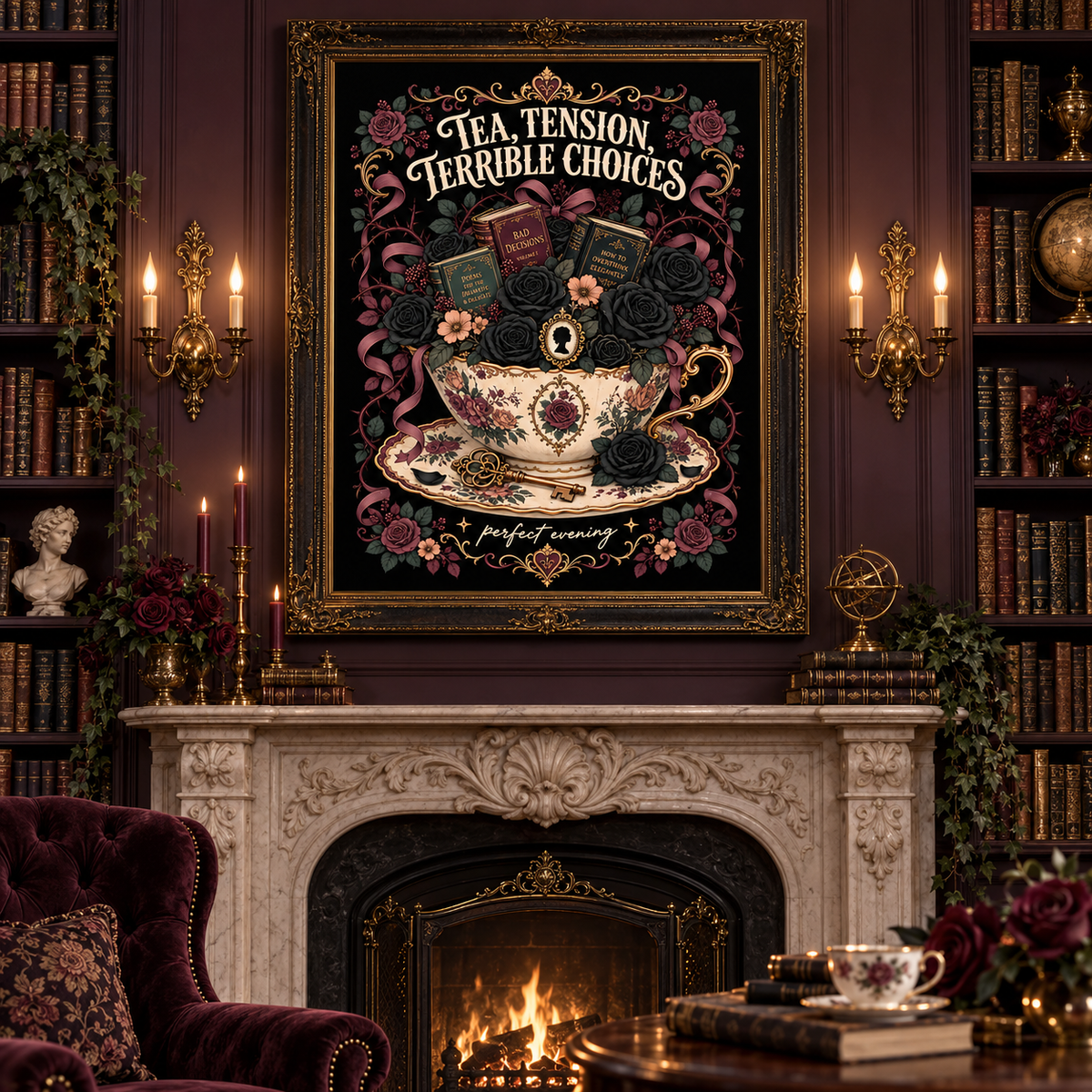A framed gothic-style art print featuring a teacup, roses, books, and the text 'TEA TENSION TERRIBLE CHOICES' hangs above a fireplace in a dark, ornate room with bookshelves, candles, and a velvet armchair.