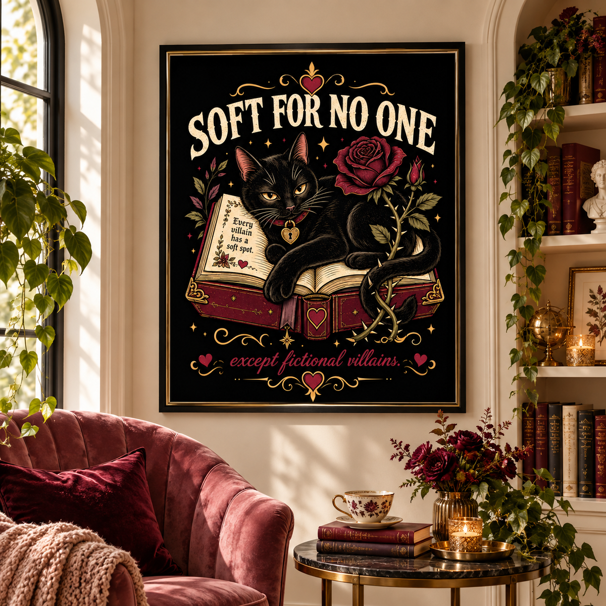 A framed wall art print hangs in a cozy, sunlit room. The artwork features a black cat reading an open book with a rose and the text 'SOFT FOR NO ONE except fictional villains.