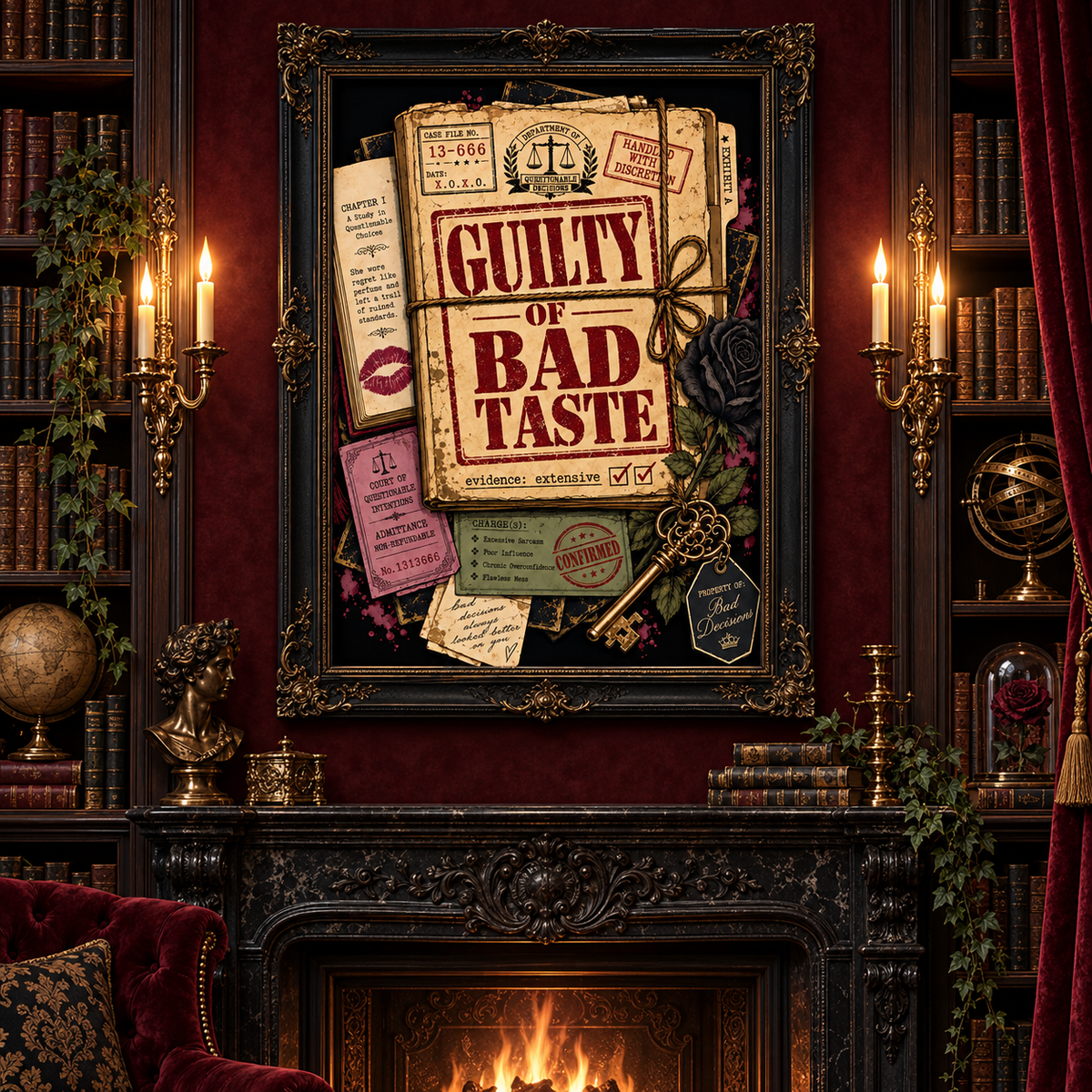 A framed gothic-style wall art print hangs above a fireplace in a dark, ornate library. The artwork features vintage ticket stubs, a key, lipstick marks, and the text 'GUILTY OF BAD TASTE' in bold red lettering.