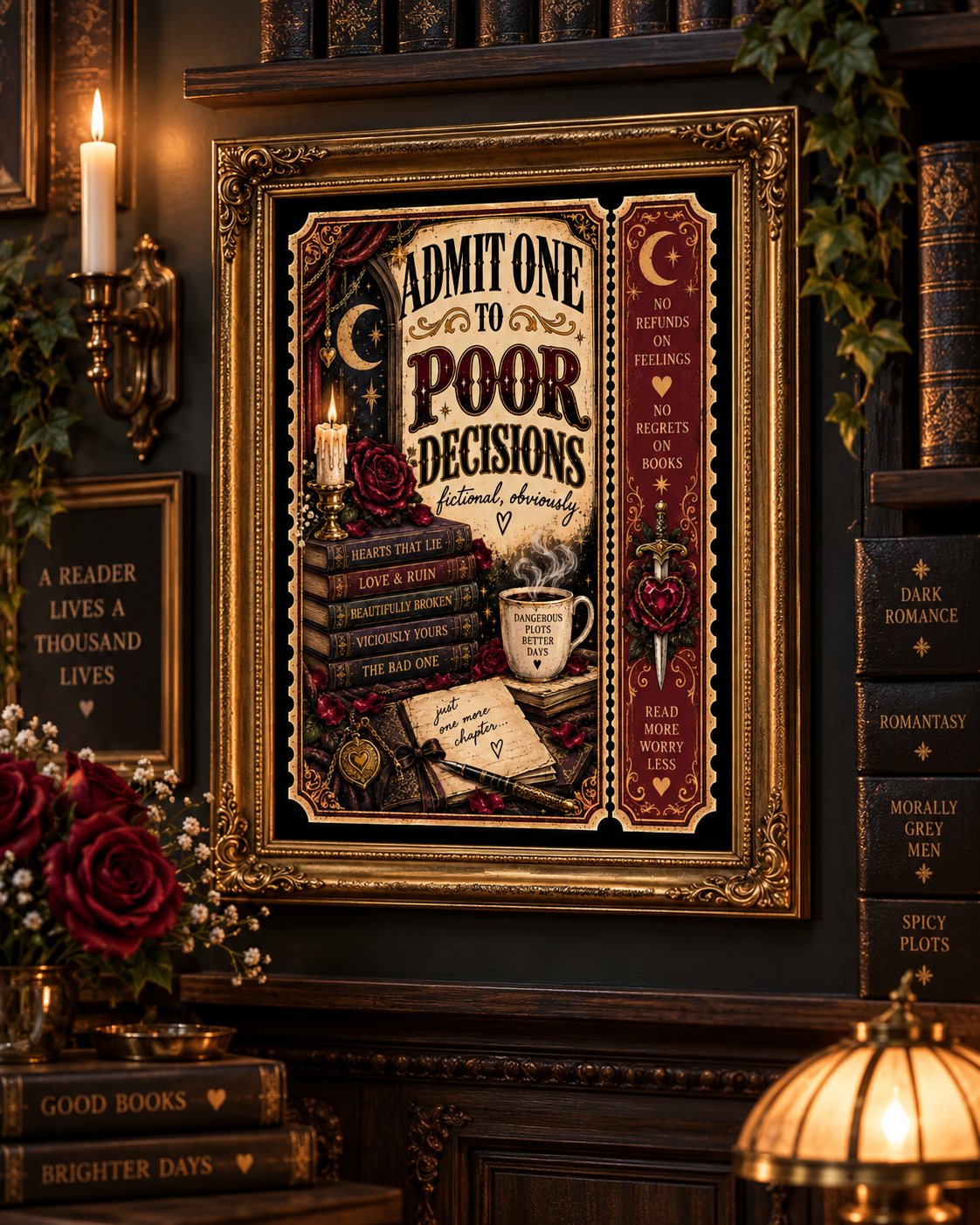 A framed gothic-style wall art print hangs on a dark wooden bookshelf surrounded by books, candles, roses, and a lamp. The artwork features the text 'ADMIT ONE POOR DECISIONS' with decorative vintage typography, red roses, books, a teacup, and a crescent moon.