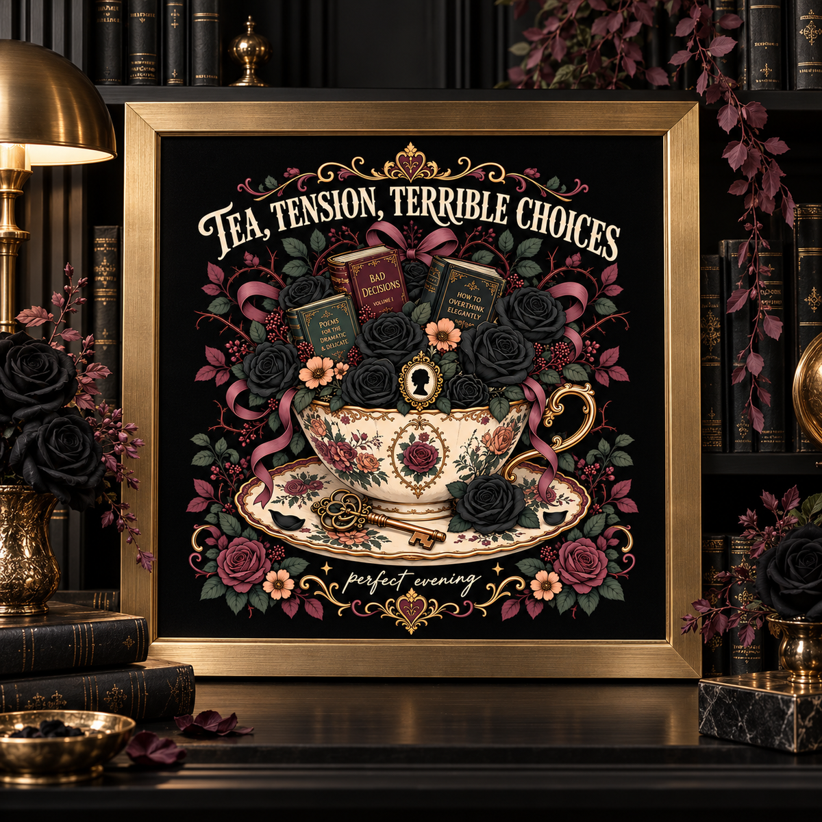 A framed gothic art print featuring a teacup and saucer surrounded by roses, books, and the text 'TEA, TENSION, TERRIBLE CHOICES' and 'a perfect evening', displayed on a dark shelf with books and decorative items.