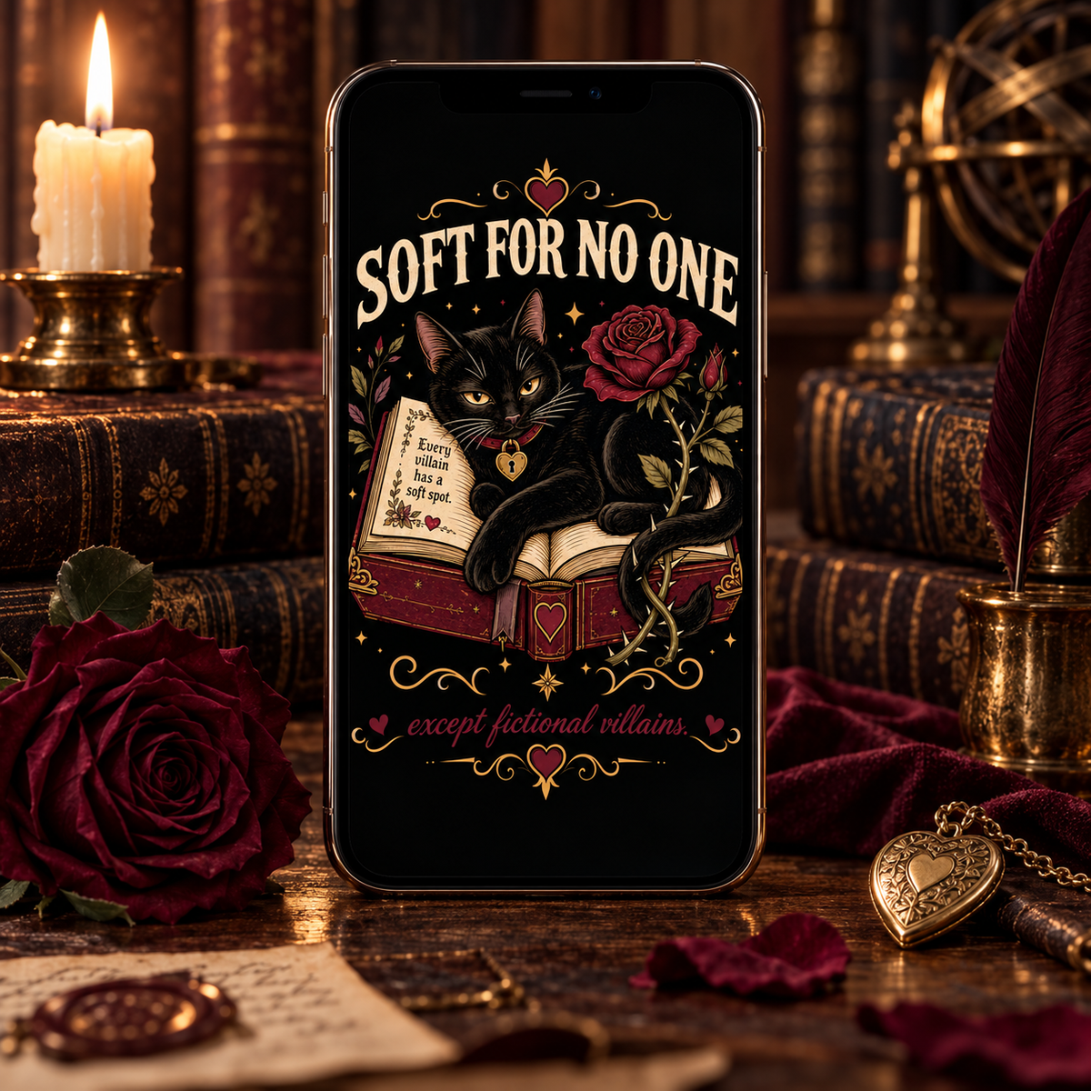 A smartphone centered on a dark, gothic tabletop scene with candles, roses, books, and antique accessories. The phone screen shows a black cat lounging on an open book with the phrase “SOFT FOR NO ONE” above and “except fictional villains” below in decorative text.