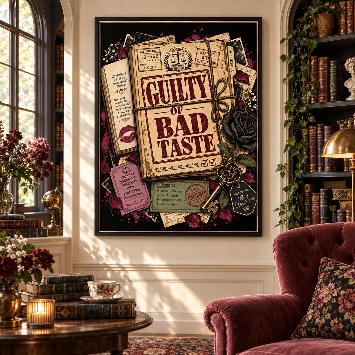A framed gothic-style wall art print hangs on a cream wall in a richly decorated room. The artwork features a black background with vintage tickets, a key, roses, and the text 'GUILTY OF BAD TASTE' in large red letters.
