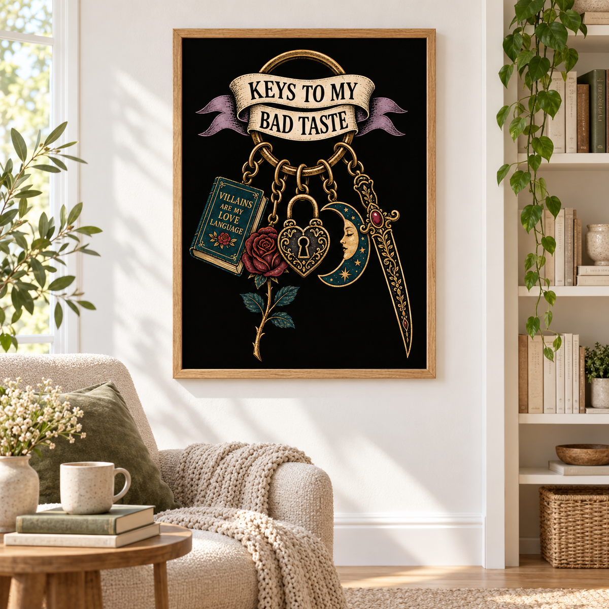 A framed wall art print hangs on a white wall in a styled living room. The artwork has a black background with the text 'KEYS TO MY BAD TASTE' above a decorative keychain illustration including a rose, padlock, dagger, and book.