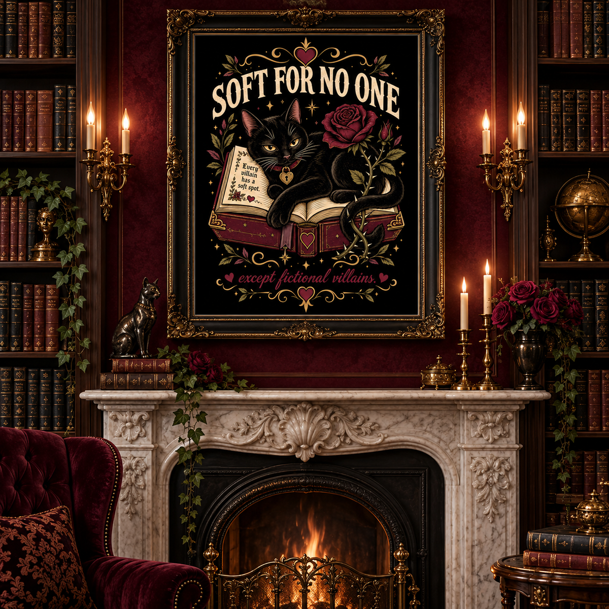 A framed gothic art print featuring a black cat on an open book with roses and the text 'SOFT FOR NO ONE' displayed on a dark red wall above a fireplace in a vintage book-filled room.